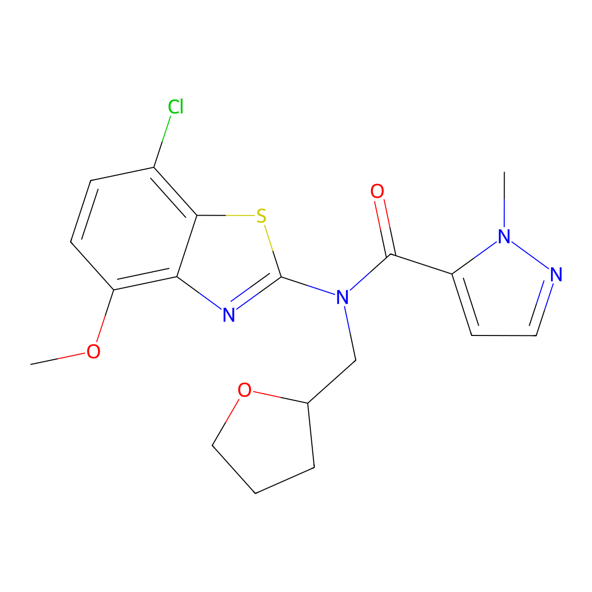 N-(7-chloro-4-methoxybenzo[d]thiazol-2-yl)-1-methyl-N-((tetrahydrofuran-2-yl)methyl)-1H-pyrazole-5-carboxamide molecular structure, CAS 1172461-84-5