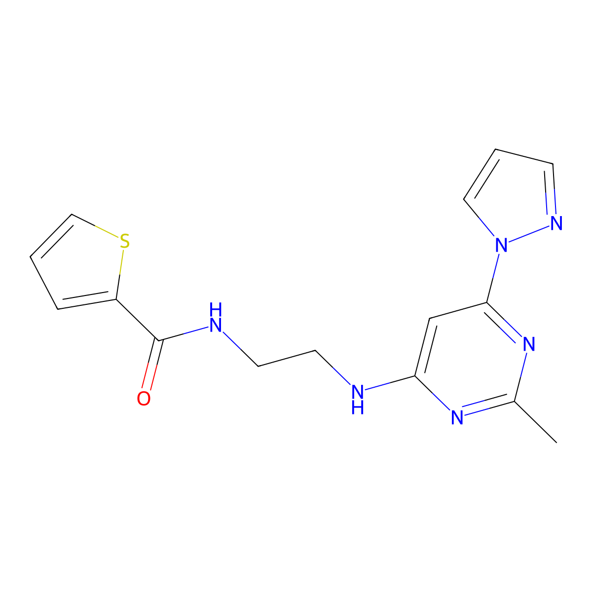 N-(2-((2-methyl-6-(1H-pyrazol-1-yl)pyrimidin-4-yl)amino)ethyl)thiophene-2-carboxamide molecular structure, CAS 1172462-30-4