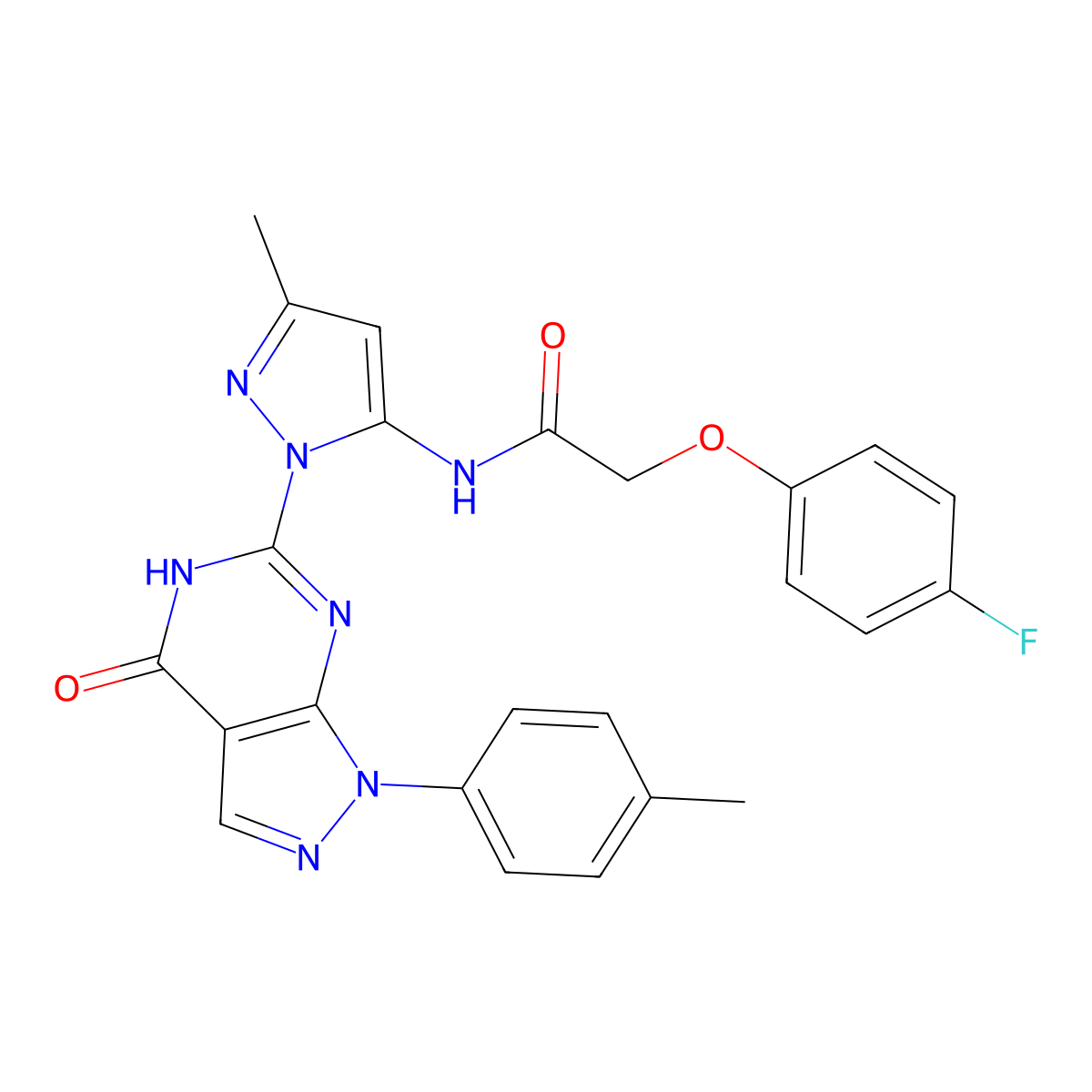 2-(4-fluorophenoxy)-N-(3-methyl-1-(4-oxo-1-(p-tolyl)-4,5-dihydro-1H-pyrazolo[3,4-d]pyrimidin-6-yl)-1H-pyrazol-5-yl)acetamide molecular structure, CAS 1172462-51-9