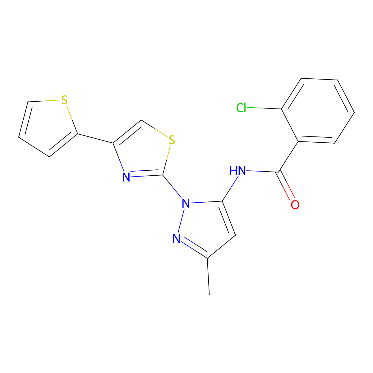 2-chloro-N-(3-methyl-1-(4-(thiophen-2-yl)thiazol-2-yl)-1H-pyrazol-5-yl)benzamide molecular structure, CAS 1172463-53-4