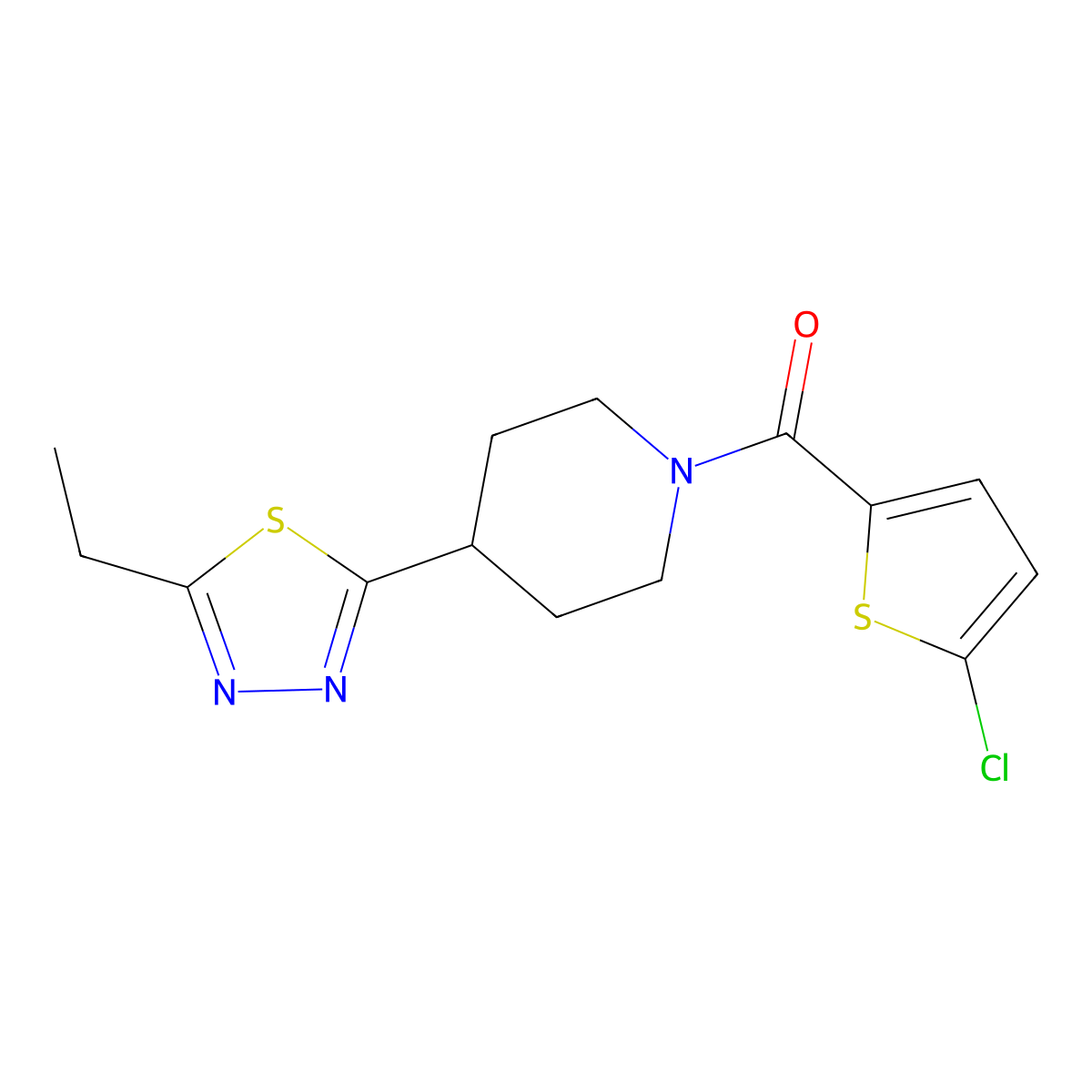 (5-Chlorothiophen-2-yl)(4-(5-ethyl-1,3,4-thiadiazol-2-yl)piperidin-1-yl)methanone molecular structure, CAS 1172463-60-3