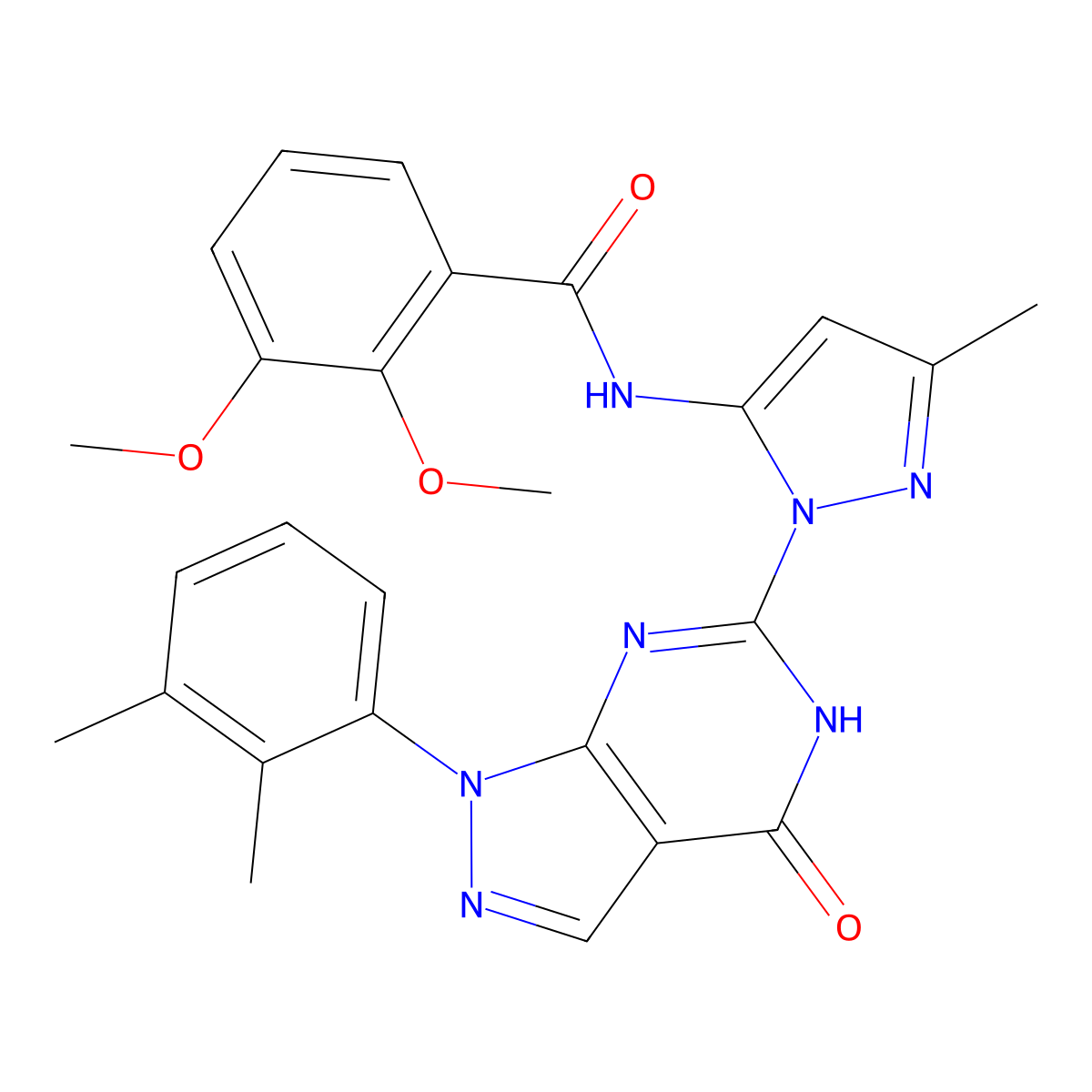 N-(1-(1-(2,3-dimethylphenyl)-4-oxo-4,5-dihydro-1H-pyrazolo[3,4-d]pyrimidin-6-yl)-3-methyl-1H-pyrazol-5-yl)-2,3-dimethoxybenzamide molecular structure, CAS 1172464-46-8
