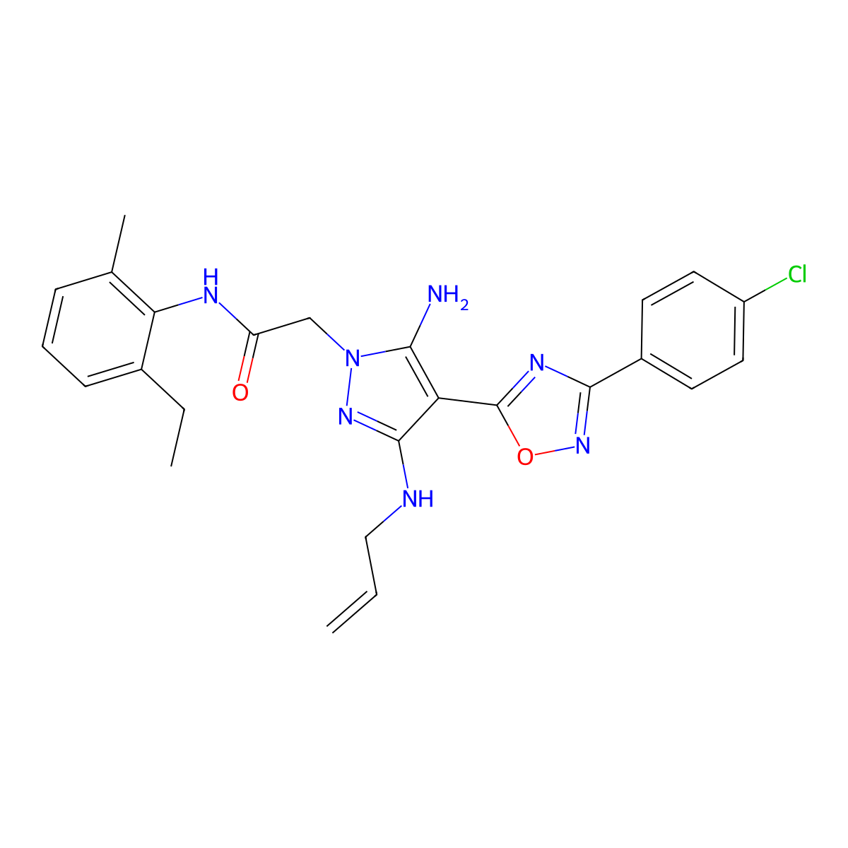 2-(3-(allylamino)-5-amino-4-(3-(4-chlorophenyl)-1,2,4-oxadiazol-5-yl)-1H-pyrazol-1-yl)-N-(2-ethyl-6-methylphenyl)acetamide molecular structure, CAS 1172464-51-5