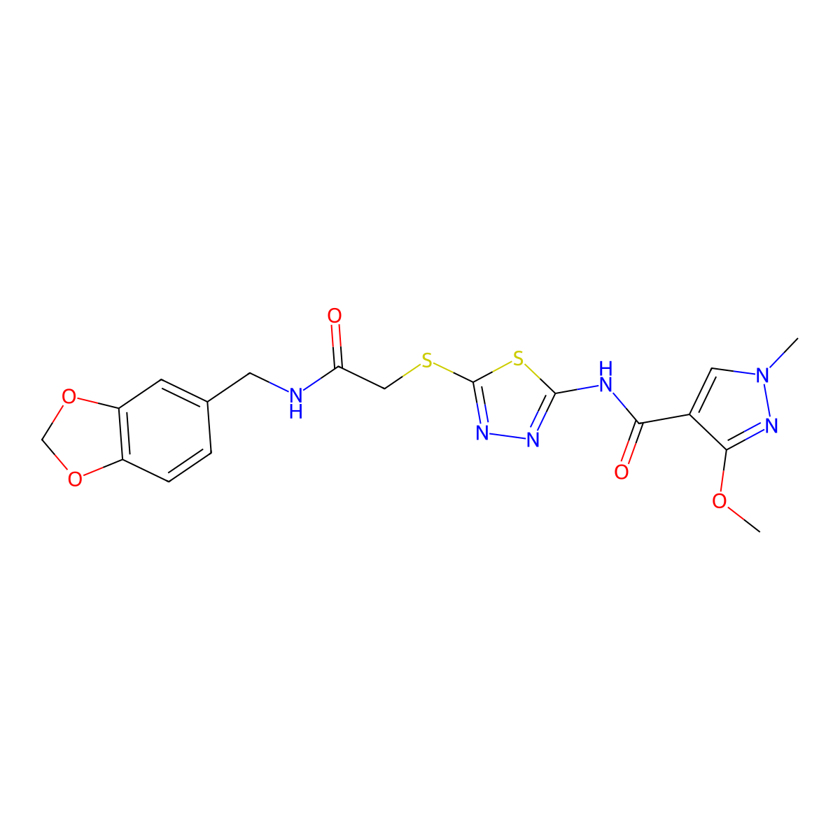 N-(5-((2-((benzo[d][1,3]dioxol-5-ylmethyl)amino)-2-oxoethyl)thio)-1,3,4-thiadiazol-2-yl)-3-methoxy-1-methyl-1H-pyrazole-4-carboxamide molecular structure, CAS 1172464-93-5