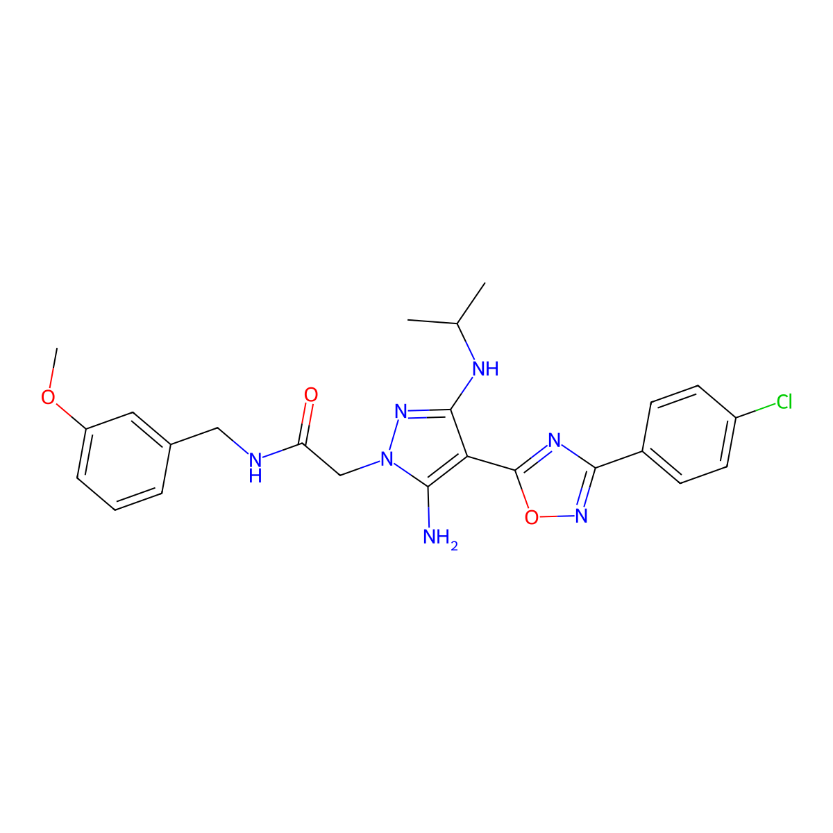 2-(5-amino-4-(3-(4-chlorophenyl)-1,2,4-oxadiazol-5-yl)-3-(isopropylamino)-1H-pyrazol-1-yl)-N-(3-methoxybenzyl)acetamide molecular structure, CAS 1172466-78-2