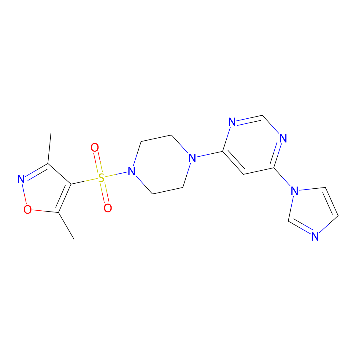 4-((4-(6-(1H-imidazol-1-yl)pyrimidin-4-yl)piperazin-1-yl)sulfonyl)-3,5-dimethylisoxazole molecular structure, CAS 1172469-06-5