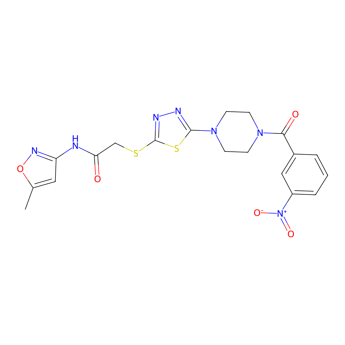 N-(5-methylisoxazol-3-yl)-2-((5-(4-(3-nitrobenzoyl)piperazin-1-yl)-1,3,4-thiadiazol-2-yl)thio)acetamide molecular structure, CAS 1172470-19-7