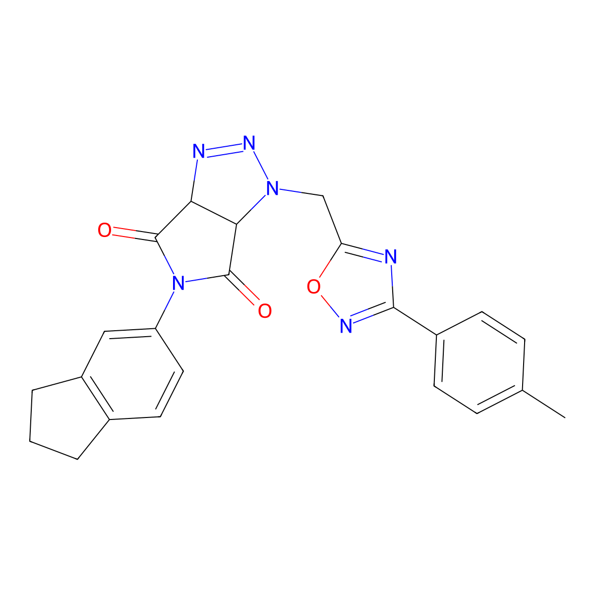 5-(2,3-dihydro-1H-inden-5-yl)-1-((3-(p-tolyl)-1,2,4-oxadiazol-5-yl)methyl)-1,6a-dihydropyrrolo[3,4-d][1,2,3]triazole-4,6(3aH,5H)-dione molecular structure, CAS 1172471-29-2