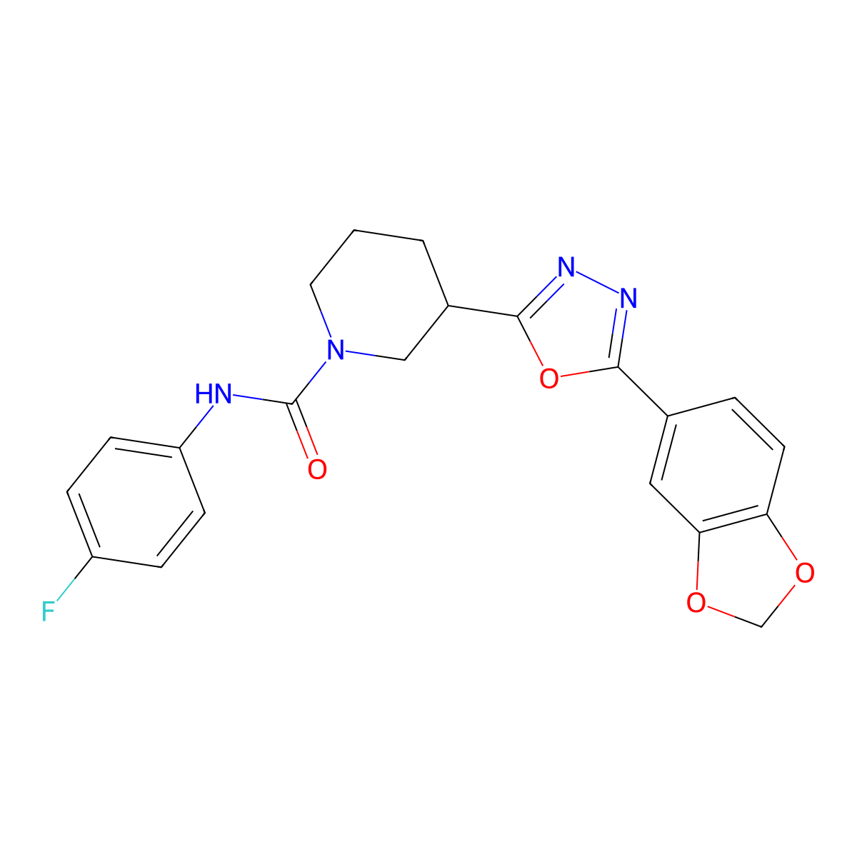 3-(5-(benzo[d][1,3]dioxol-5-yl)-1,3,4-oxadiazol-2-yl)-N-(4-fluorophenyl)piperidine-1-carboxamide molecular structure, CAS 1172471-55-4