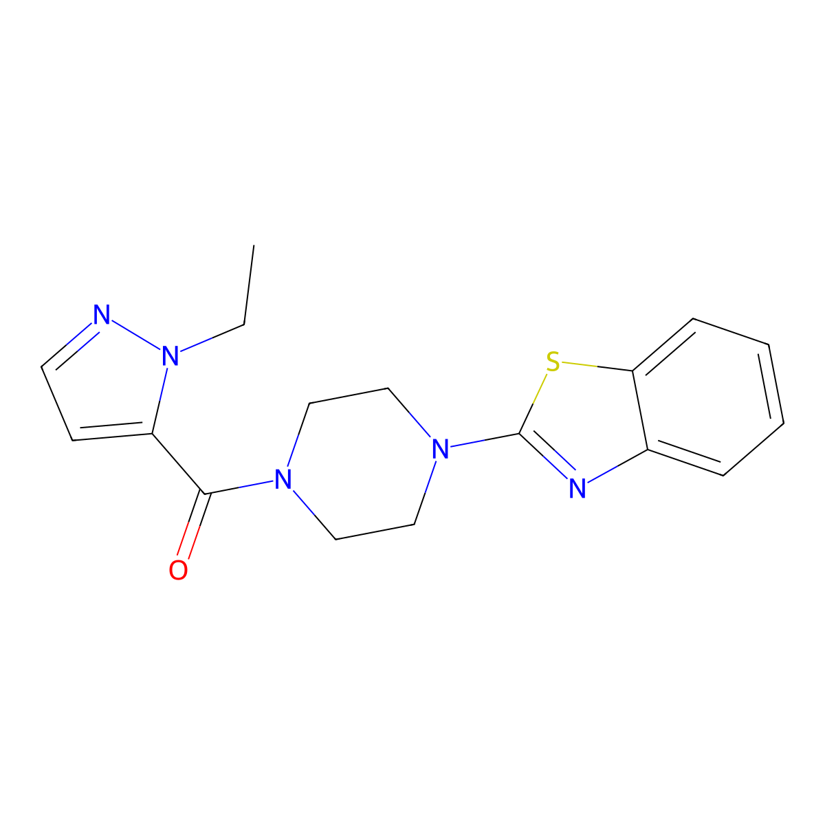 (4-(benzo[d]thiazol-2-yl)piperazin-1-yl)(1-ethyl-1H-pyrazol-5-yl)methanone molecular structure, CAS 1172471-75-8