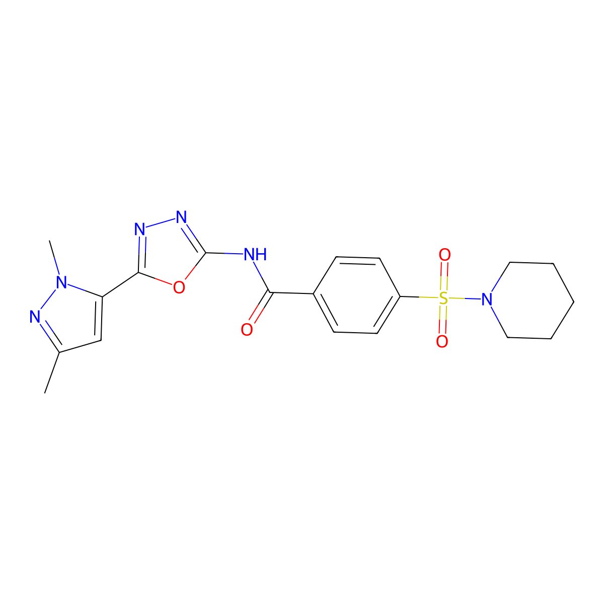 N-[5-(1,3-dimethyl-1H-pyrazol-5-yl)-1,3,4-oxadiazol-2-yl]-4-(piperidine-1-sulfonyl)benzamide molecular structure, CAS 1172475-20-5