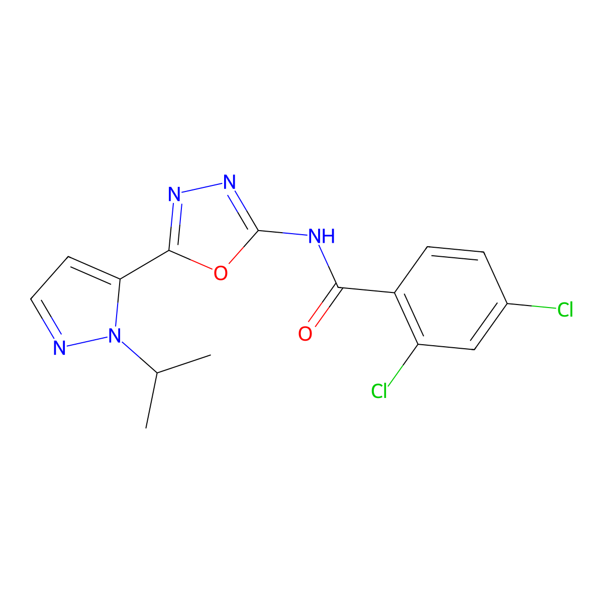 2,4-dichloro-N-(5-(1-isopropyl-1H-pyrazol-5-yl)-1,3,4-oxadiazol-2-yl)benzamide molecular structure, CAS 1172476-51-5
