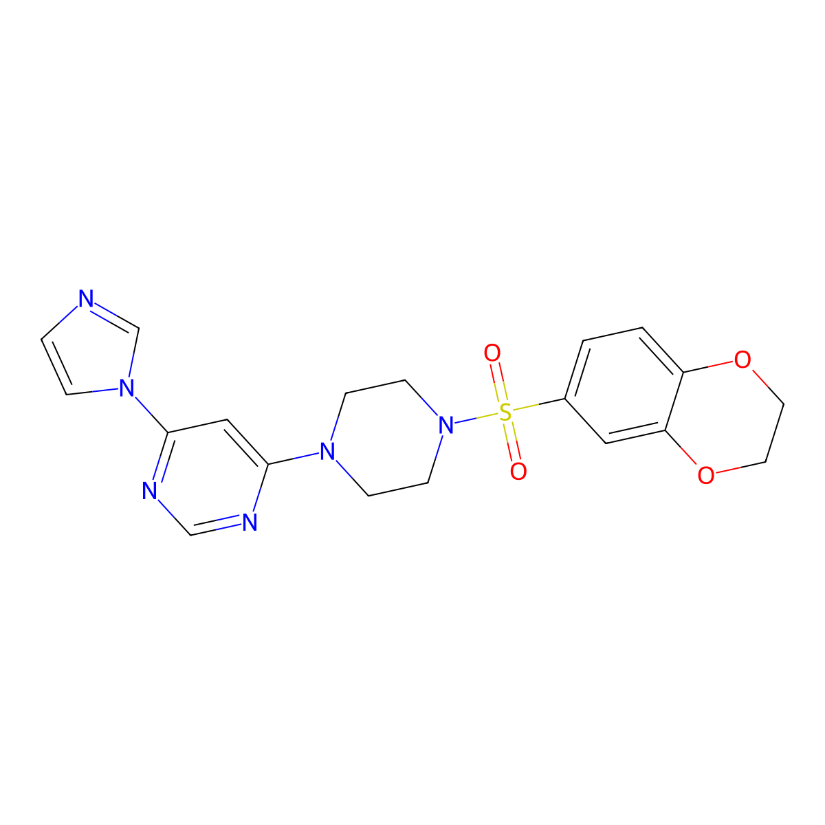 4-(4-((2,3-dihydrobenzo[b][1,4]dioxin-6-yl)sulfonyl)piperazin-1-yl)-6-(1H-imidazol-1-yl)pyrimidine molecular structure, CAS 1172478-11-3