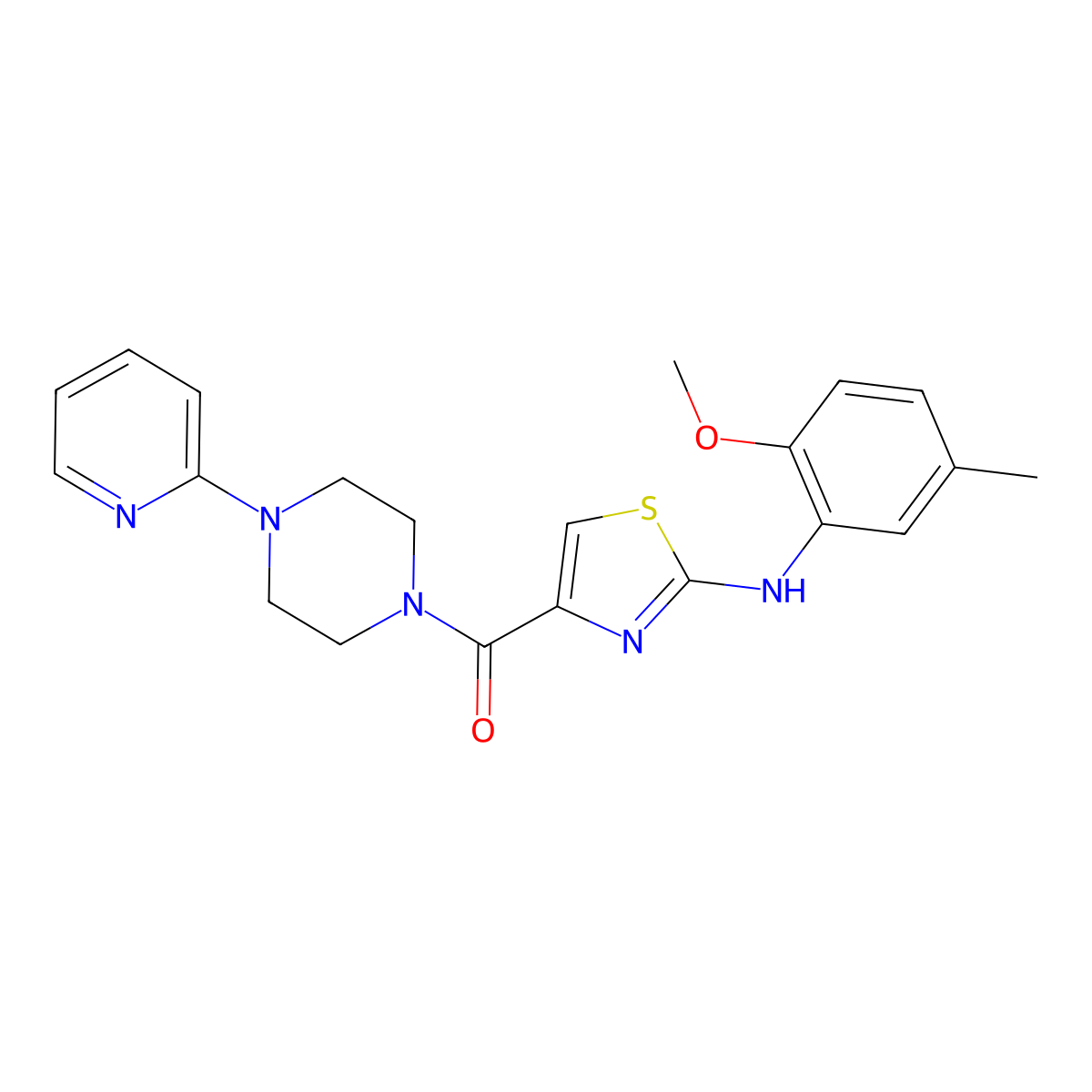 (2-((2-Methoxy-5-methylphenyl)amino)thiazol-4-yl)(4-(pyridin-2-yl)piperazin-1-yl)methanone molecular structure, CAS 1172479-44-5