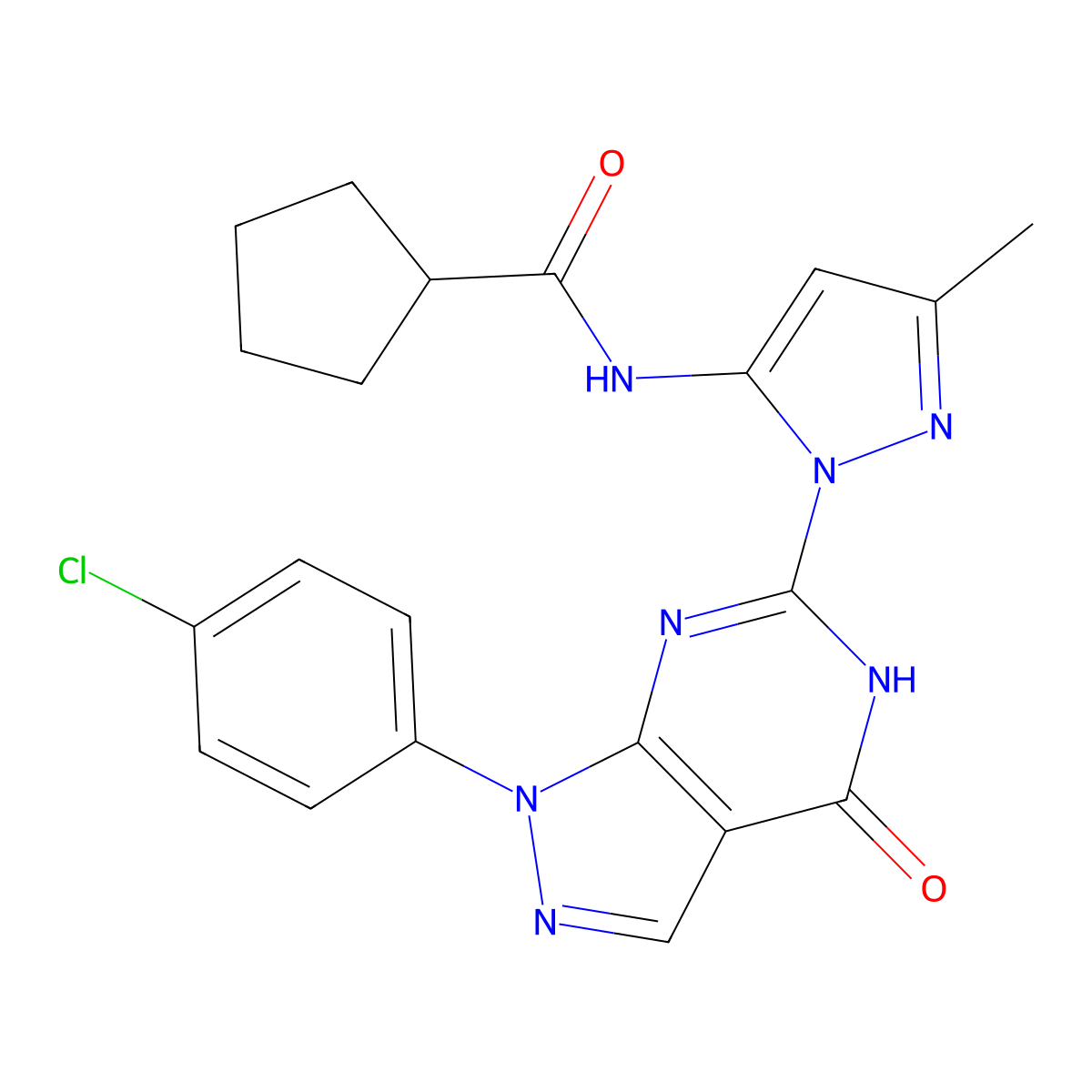 N-(1-(1-(4-chlorophenyl)-4-oxo-4,5-dihydro-1H-pyrazolo[3,4-d]pyrimidin-6-yl)-3-methyl-1H-pyrazol-5-yl)cyclopentanecarboxamide molecular structure, CAS 1172480-68-0