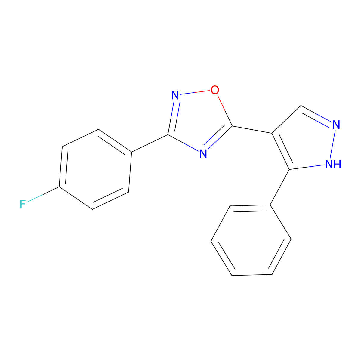 3-(4-fluorophenyl)-5-(3-phenyl-1H-pyrazol-4-yl)-1,2,4-oxadiazole molecular structure, CAS 1172484-25-1