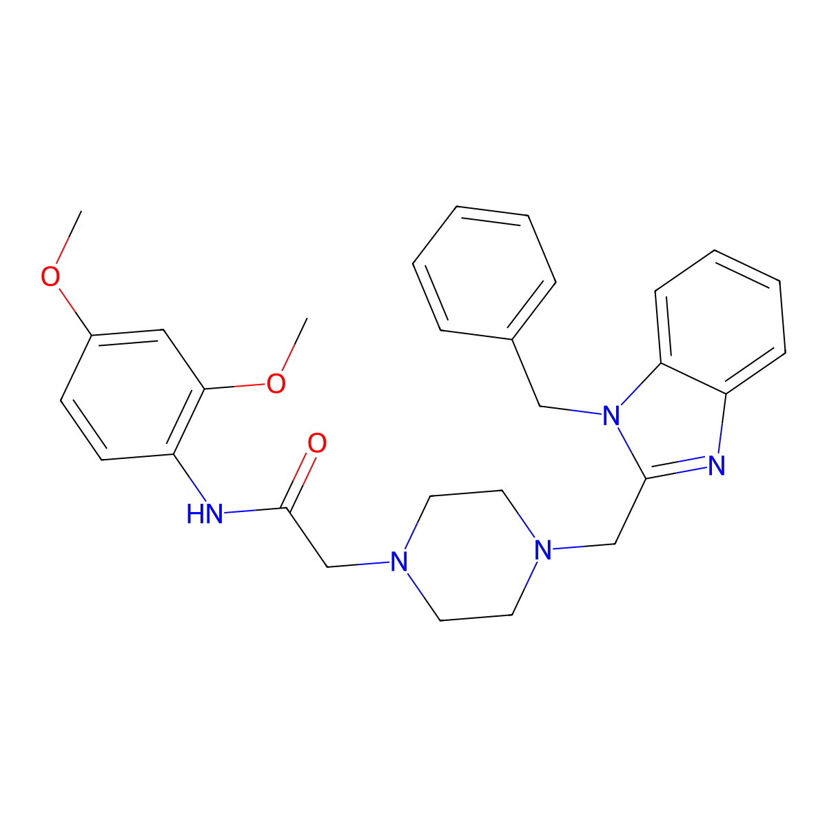 2-(4-((1-benzyl-1H-benzo[d]imidazol-2-yl)methyl)piperazin-1-yl)-N-(2,4-dimethoxyphenyl)acetamide molecular structure, CAS 1172486-35-9