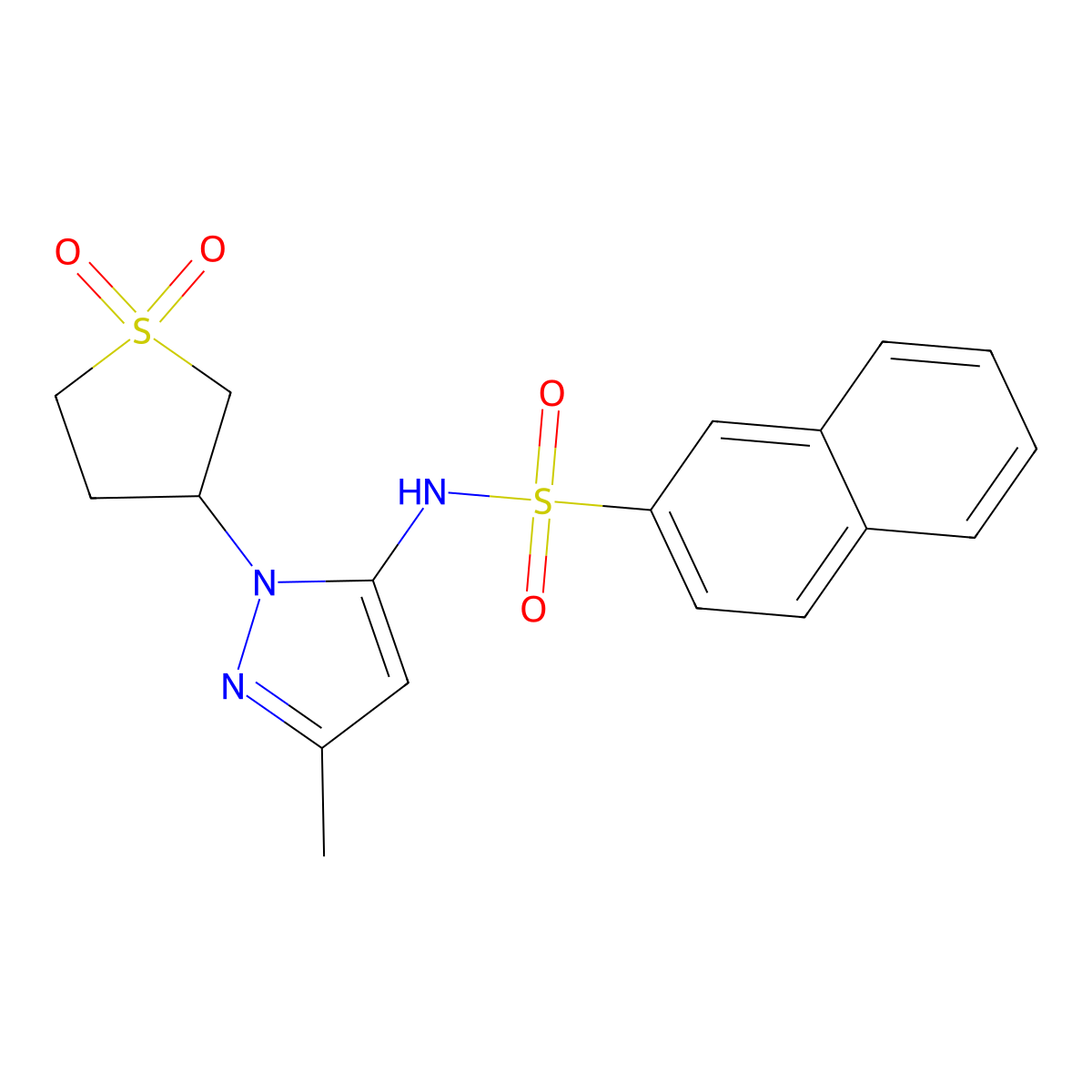 N-(1-(1,1-dioxidotetrahydrothiophen-3-yl)-3-methyl-1H-pyrazol-5-yl)naphthalene-2-sulfonamide molecular structure, CAS 1172487-30-7