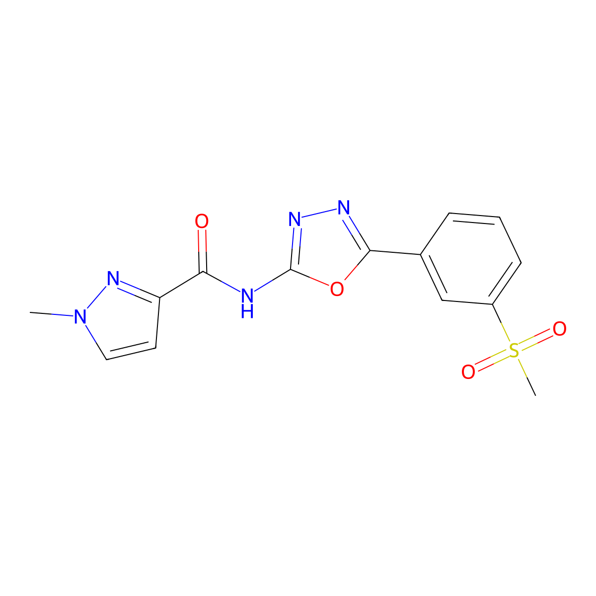 1-methyl-N-(5-(3-(methylsulfonyl)phenyl)-1,3,4-oxadiazol-2-yl)-1H-pyrazole-3-carboxamide molecular structure, CAS 1172487-38-5