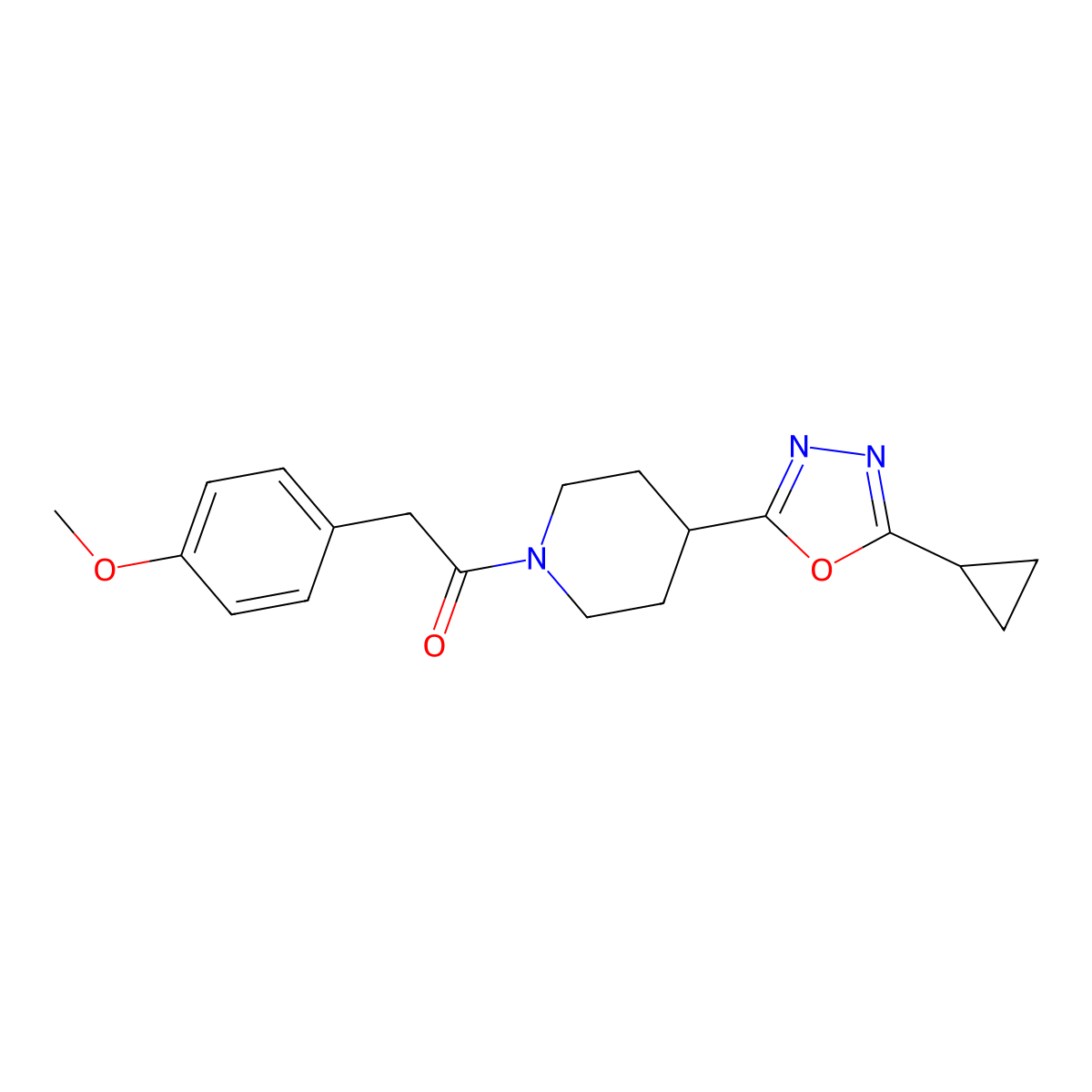 1-(4-(5-Cyclopropyl-1,3,4-oxadiazol-2-yl)piperidin-1-yl)-2-(4-methoxyphenyl)ethanone molecular structure, CAS 1172487-74-9