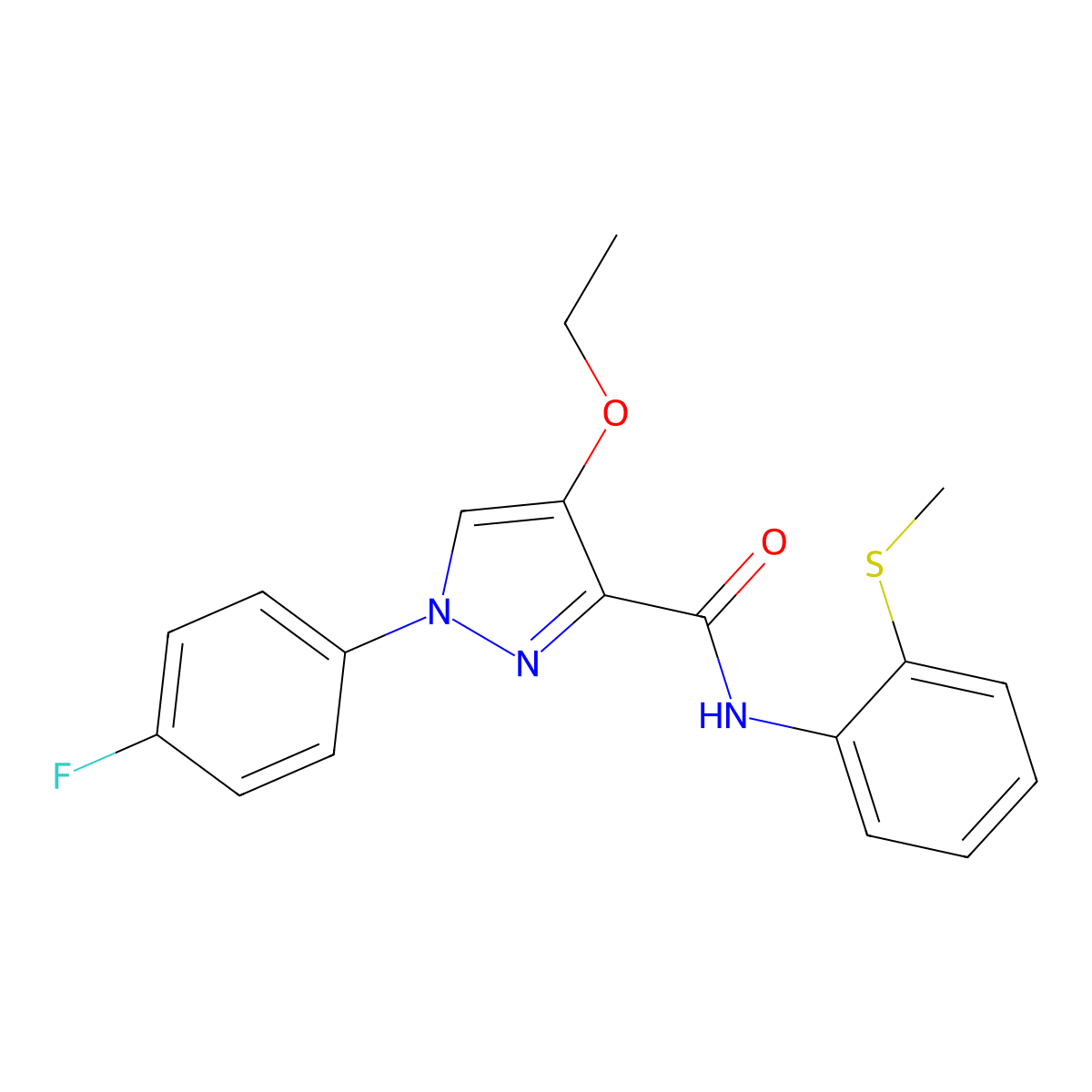 4-ethoxy-1-(4-fluorophenyl)-N-(2-(methylthio)phenyl)-1H-pyrazole-3-carboxamide molecular structure, CAS 1172487-96-5