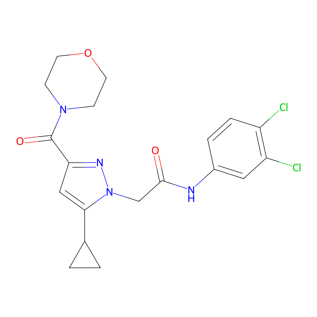 2-(5-cyclopropyl-3-(morpholine-4-carbonyl)-1H-pyrazol-1-yl)-N-(3,4-dichlorophenyl)acetamide molecular structure, CAS 1172488-92-4