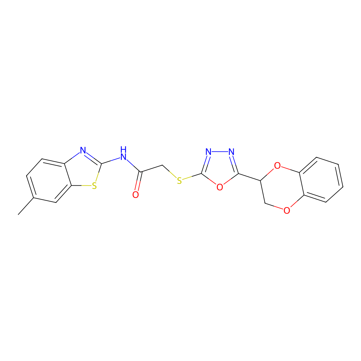 2-((5-(2,3-dihydrobenzo[b][1,4]dioxin-2-yl)-1,3,4-oxadiazol-2-yl)thio)-N-(6-methylbenzo[d]thiazol-2-yl)acetamide molecular structure, CAS 1172489-78-9