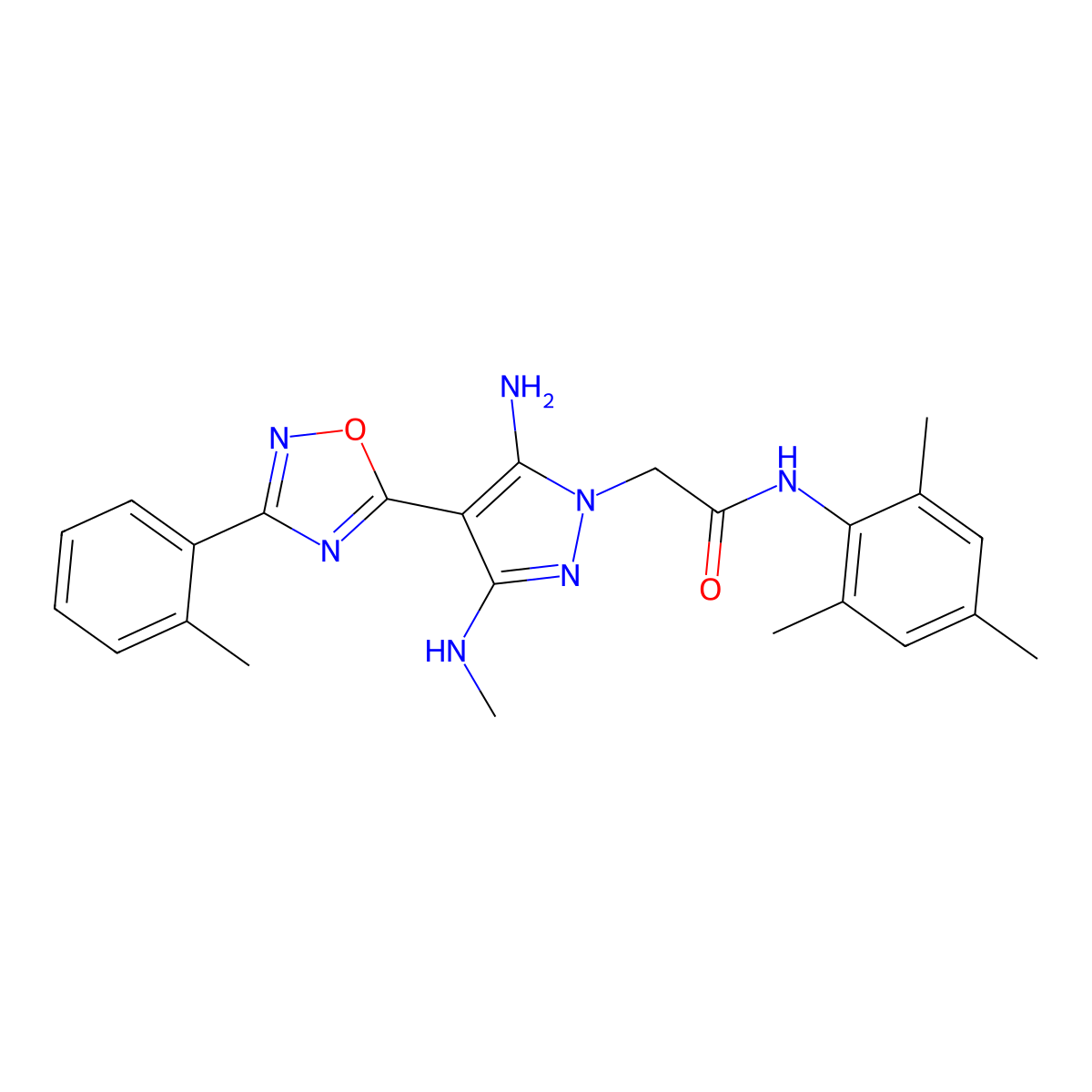 2-(5-amino-3-(methylamino)-4-(3-(o-tolyl)-1,2,4-oxadiazol-5-yl)-1H-pyrazol-1-yl)-N-mesitylacetamide molecular structure, CAS 1172490-77-5