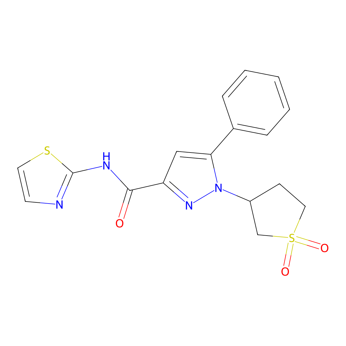 1-(1,1-dioxidotetrahydrothiophen-3-yl)-5-phenyl-N-(thiazol-2-yl)-1H-pyrazole-3-carboxamide molecular structure, CAS 1172492-31-7