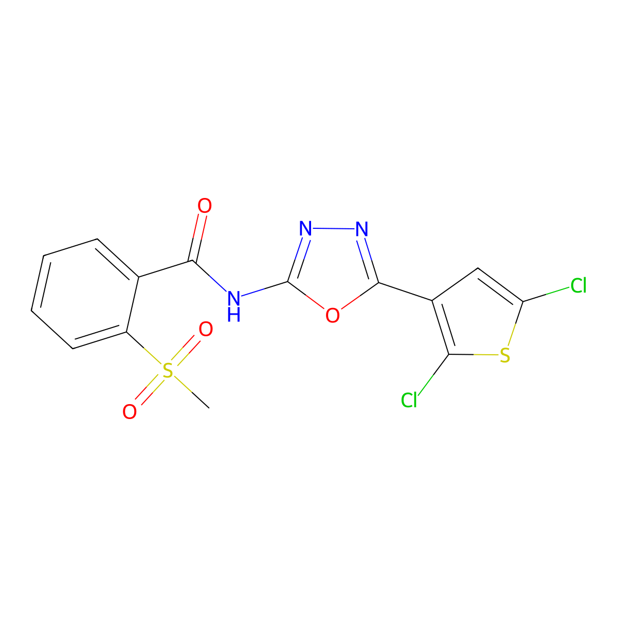 N-(5-(2,5-dichlorothiophen-3-yl)-1,3,4-oxadiazol-2-yl)-2-(methylsulfonyl)benzamide molecular structure, CAS 1172495-19-0