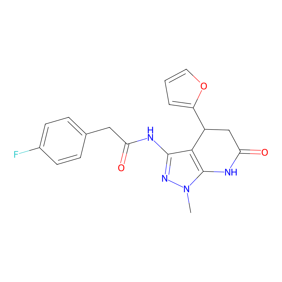 2-(4-fluorophenyl)-N-(4-(furan-2-yl)-1-methyl-6-oxo-4,5,6,7-tetrahydro-1H-pyrazolo[3,4-b]pyridin-3-yl)acetamide molecular structure, CAS 1172495-28-1
