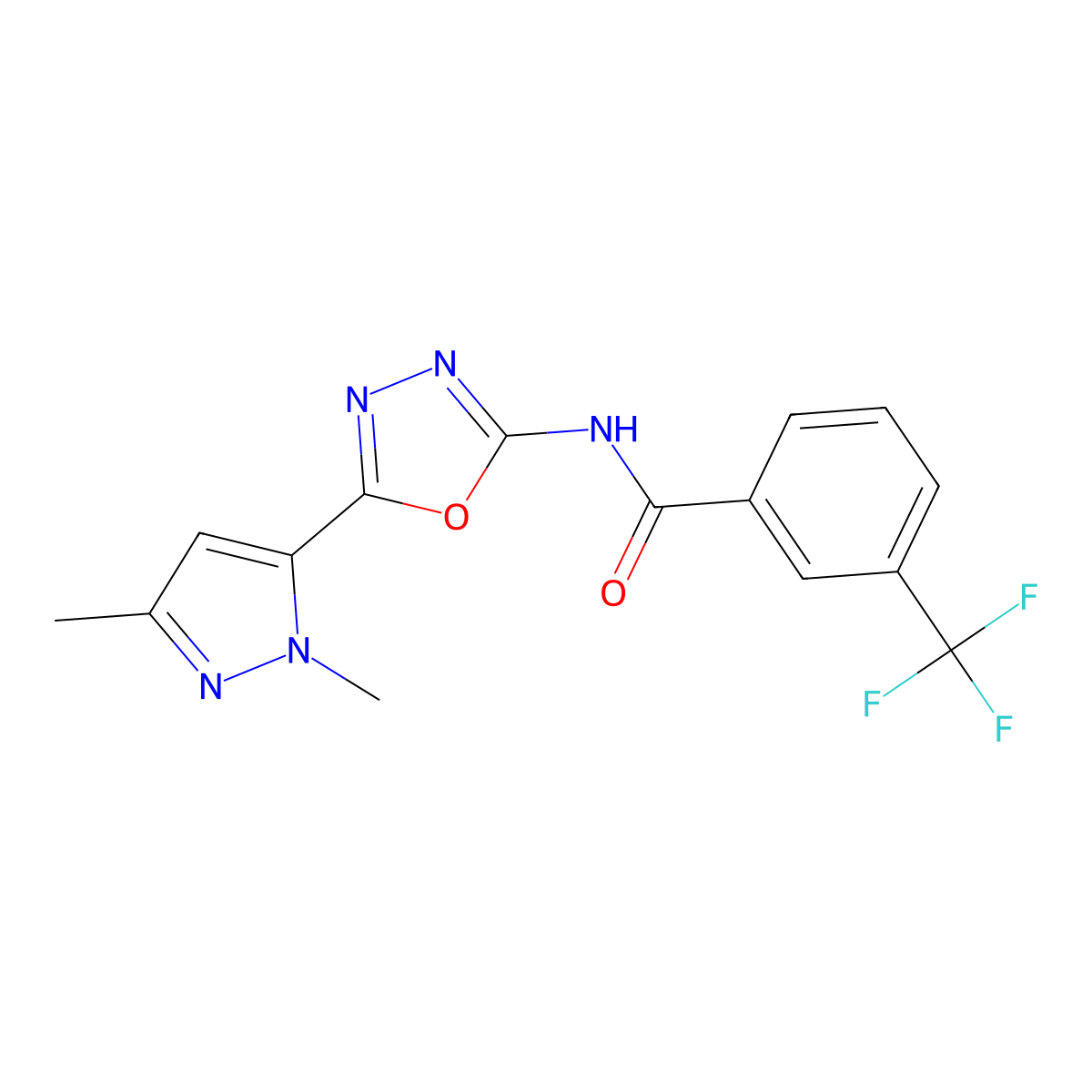 N-[5-(1,3-dimethyl-1H-pyrazol-5-yl)-1,3,4-oxadiazol-2-yl]-3-(trifluoromethyl)benzamide molecular structure, CAS 1172496-49-9