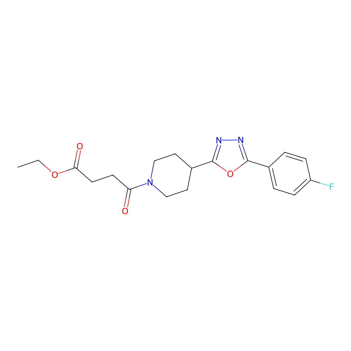 Ethyl 4-(4-(5-(4-fluorophenyl)-1,3,4-oxadiazol-2-yl)piperidin-1-yl)-4-oxobutanoate molecular structure, CAS 1172496-50-2