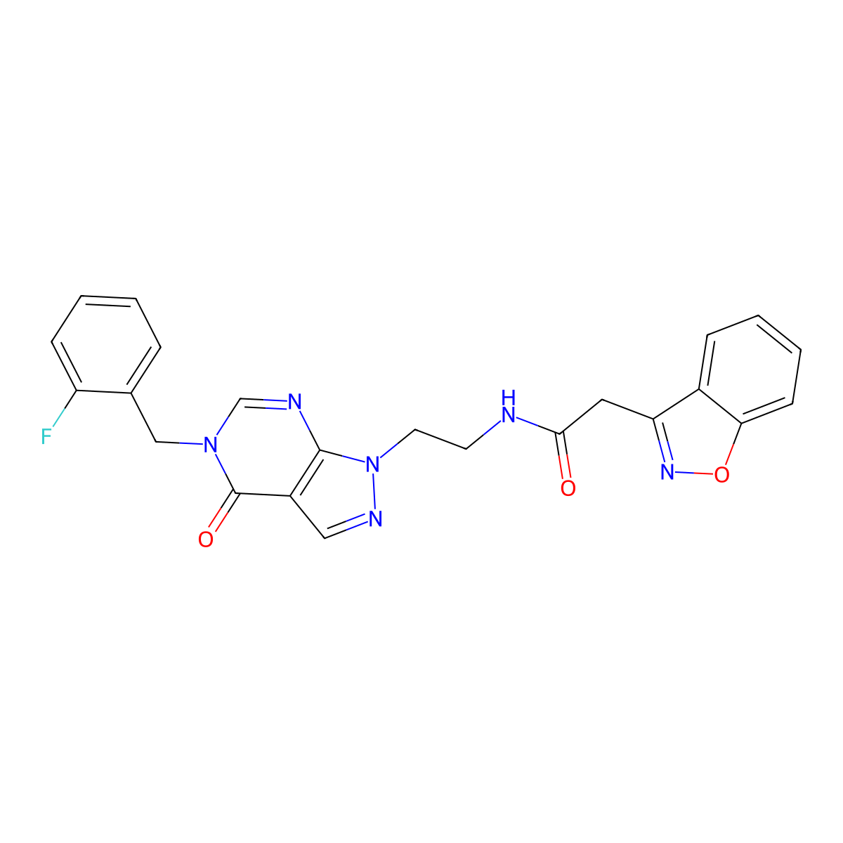2-(benzo[d]isoxazol-3-yl)-N-(2-(5-(2-fluorobenzyl)-4-oxo-4,5-dihydro-1H-pyrazolo[3,4-d]pyrimidin-1-yl)ethyl)acetamide molecular structure, CAS 1172496-89-7