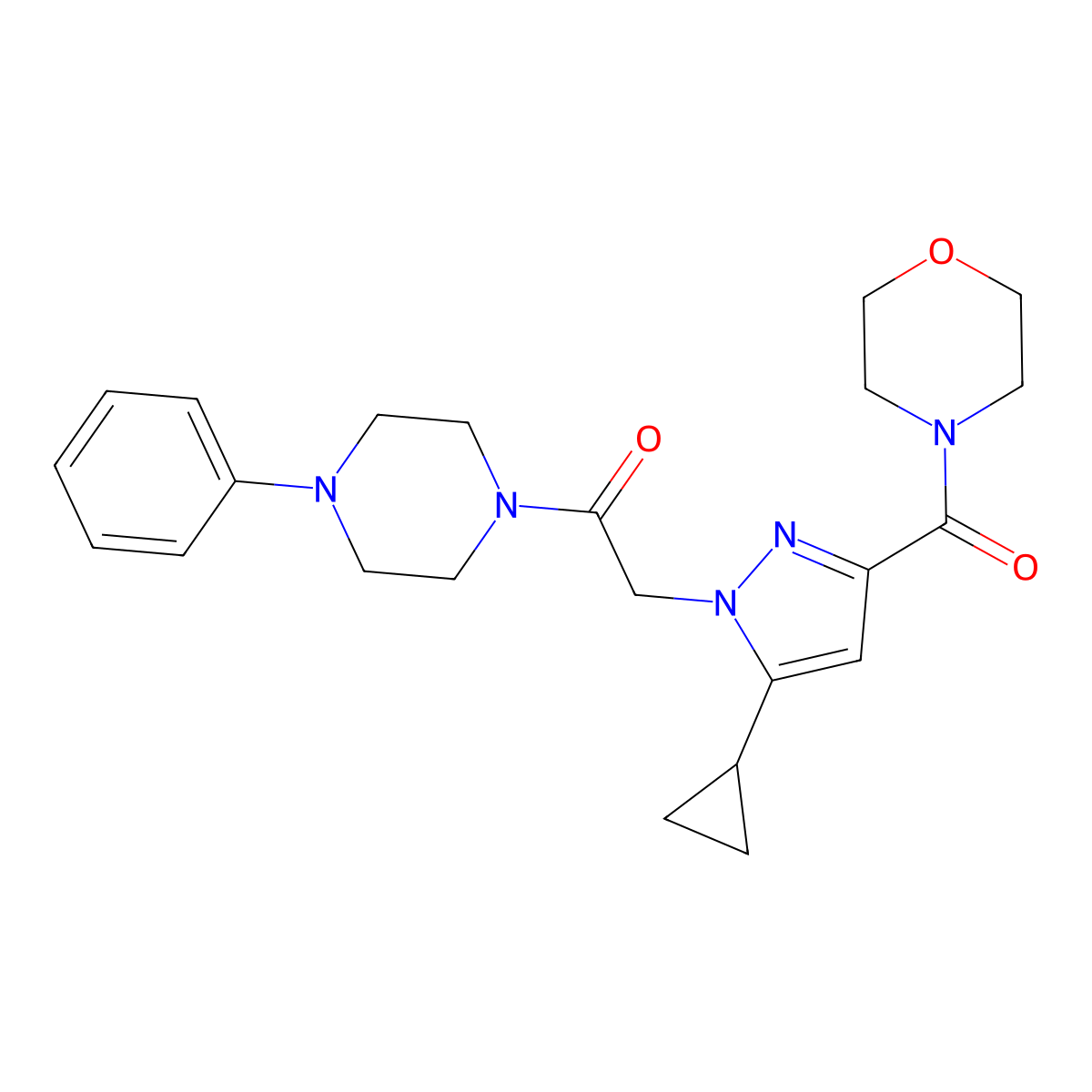 2-(5-cyclopropyl-3-(morpholine-4-carbonyl)-1H-pyrazol-1-yl)-1-(4-phenylpiperazin-1-yl)ethanone molecular structure, CAS 1172499-27-2