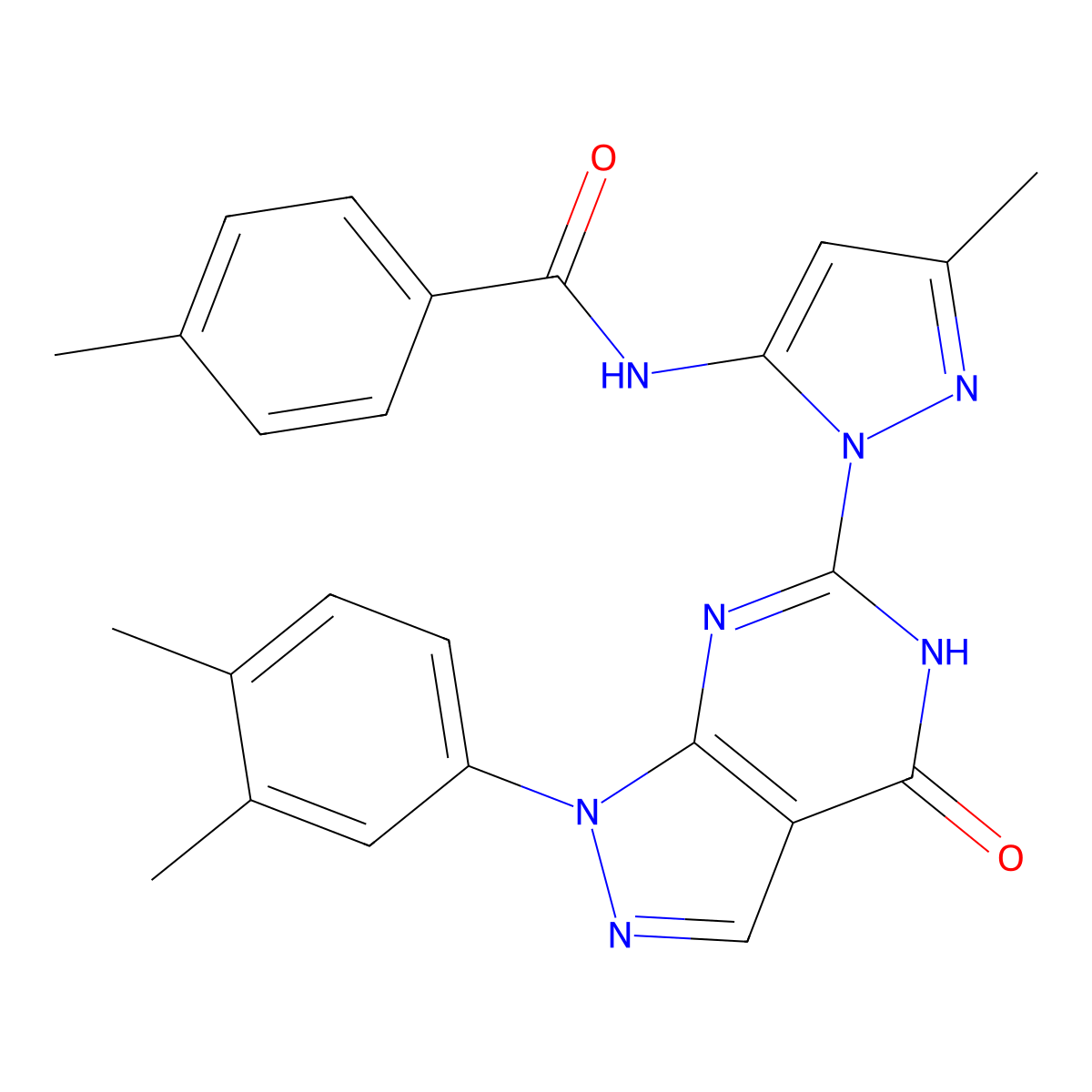 N-(1-(1-(3,4-dimethylphenyl)-4-oxo-4,5-dihydro-1H-pyrazolo[3,4-d]pyrimidin-6-yl)-3-methyl-1H-pyrazol-5-yl)-4-methylbenzamide molecular structure, CAS 1172500-20-7