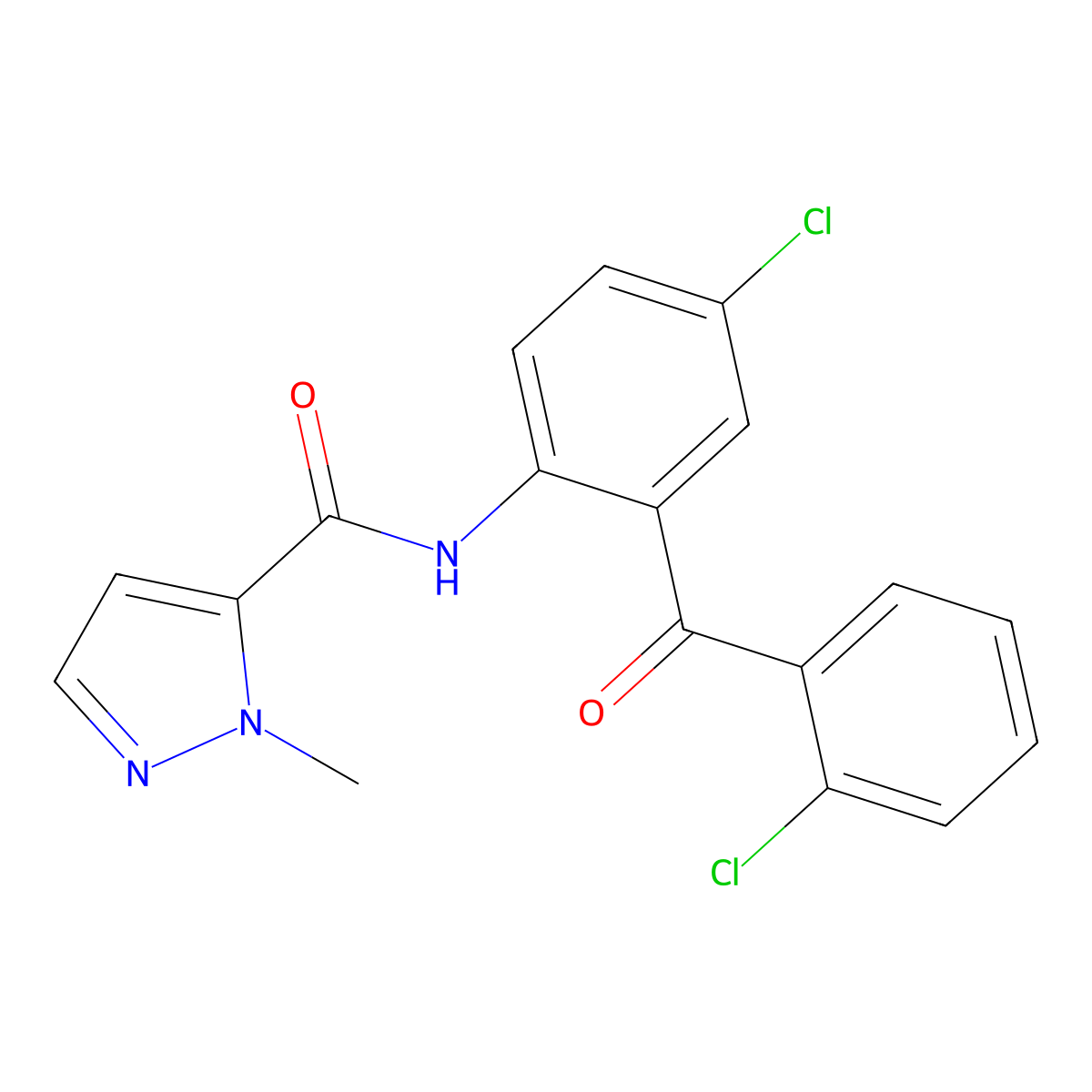 N-(4-chloro-2-(2-chlorobenzoyl)phenyl)-1-methyl-1H-pyrazole-5-carboxamide molecular structure, CAS 1172500-72-9