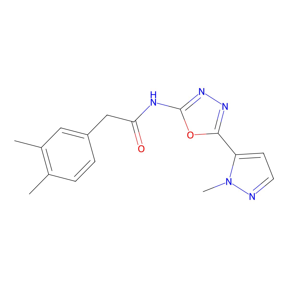 2-(3,4-dimethylphenyl)-N-[5-(1-methyl-1H-pyrazol-5-yl)-1,3,4-oxadiazol-2-yl]acetamide molecular structure, CAS 1172501-84-6