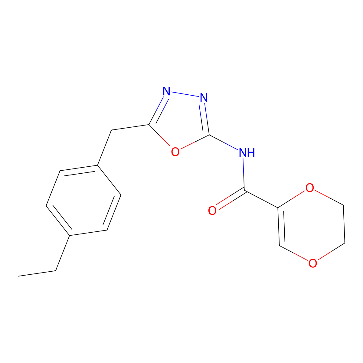 N-{5-[(4-ethylphenyl)methyl]-1,3,4-oxadiazol-2-yl}-5,6-dihydro-1,4-dioxine-2-carboxamide molecular structure, CAS 1172502-09-8