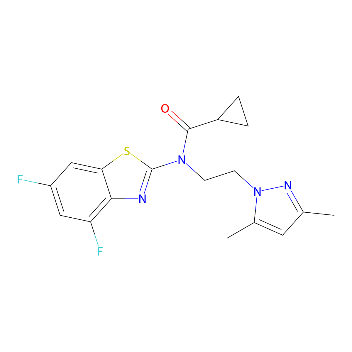 N-(4,6-difluorobenzo[d]thiazol-2-yl)-N-(2-(3,5-dimethyl-1H-pyrazol-1-yl)ethyl)cyclopropanecarboxamide molecular structure, CAS 1172505-26-8