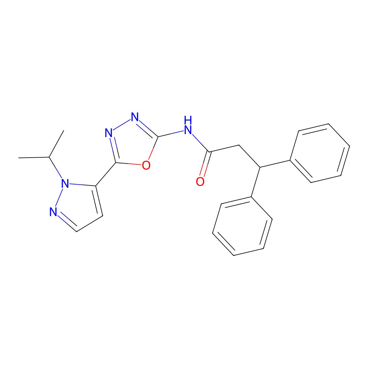 N-(5-(1-isopropyl-1H-pyrazol-5-yl)-1,3,4-oxadiazol-2-yl)-3,3-diphenylpropanamide molecular structure, CAS 1172506-69-2