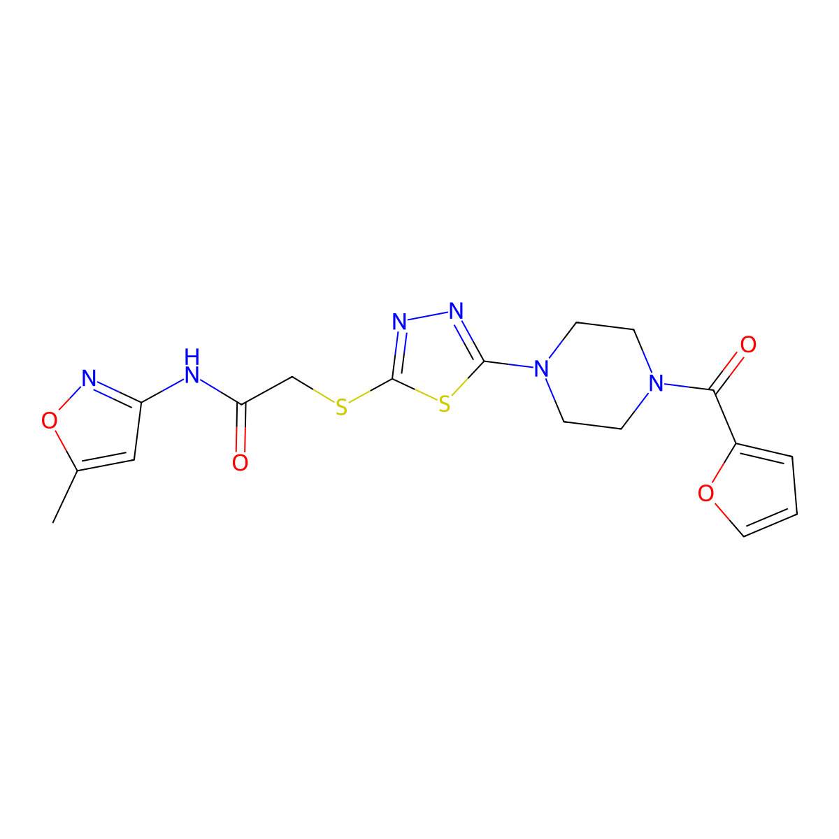 2-((5-(4-(furan-2-carbonyl)piperazin-1-yl)-1,3,4-thiadiazol-2-yl)thio)-N-(5-methylisoxazol-3-yl)acetamide molecular structure, CAS 1172506-93-2