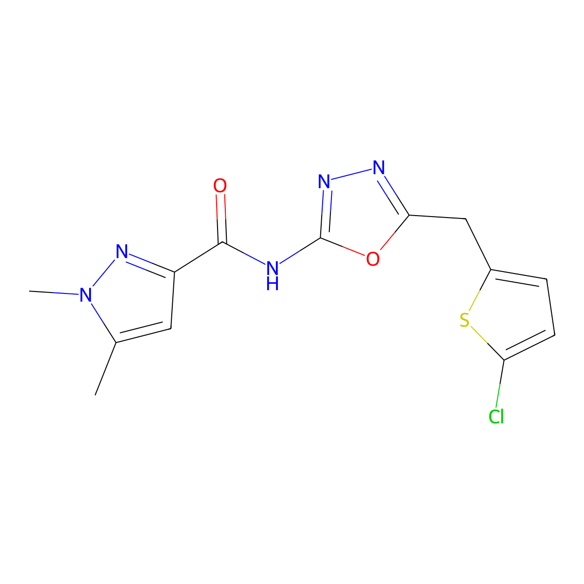 N-{5-[(5-chlorothiophen-2-yl)methyl]-1,3,4-oxadiazol-2-yl}-1,5-dimethyl-1H-pyrazole-3-carboxamide molecular structure, CAS 1172507-41-3