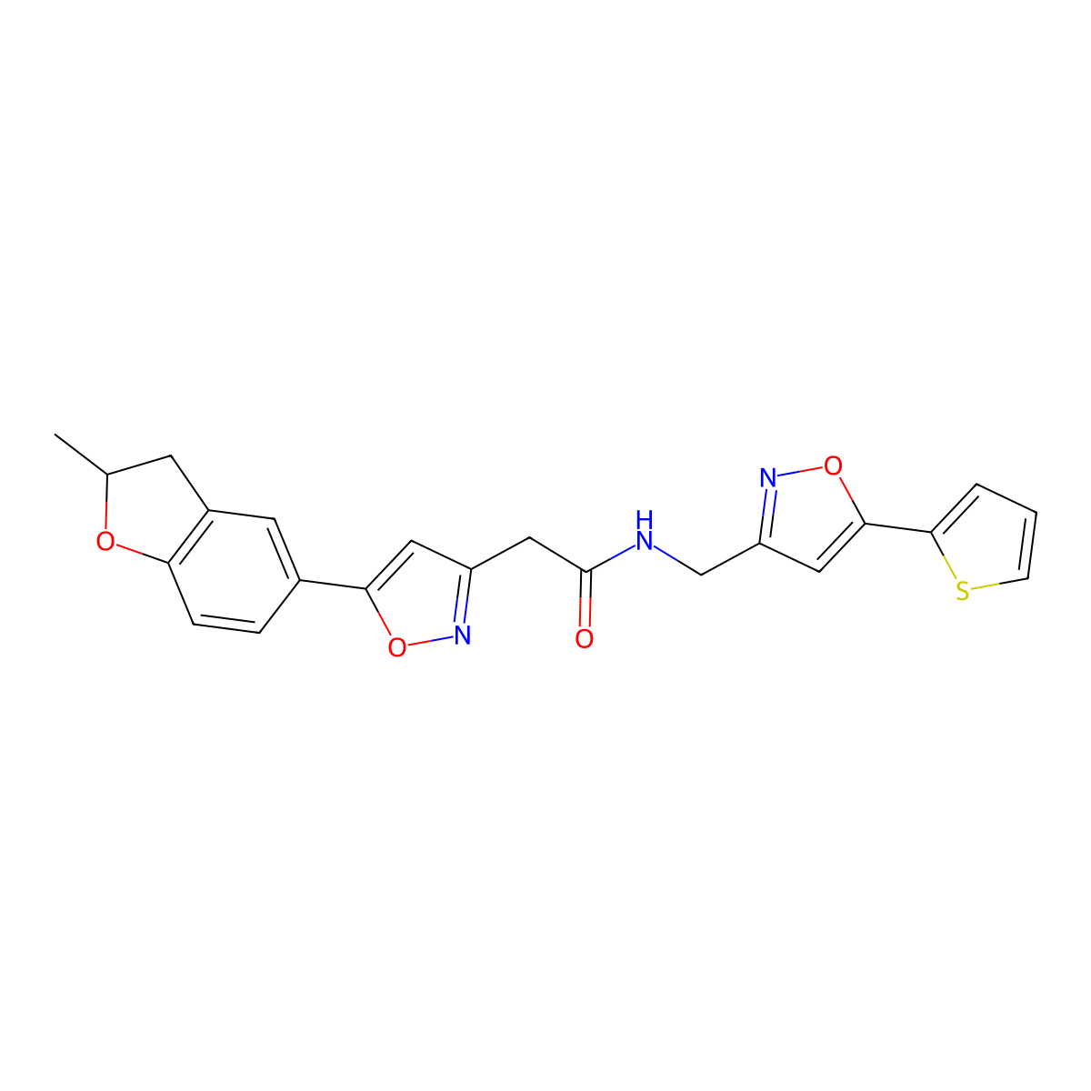 2-(5-(2-methyl-2,3-dihydrobenzofuran-5-yl)isoxazol-3-yl)-N-((5-(thiophen-2-yl)isoxazol-3-yl)methyl)acetamide molecular structure, CAS 1172508-39-2