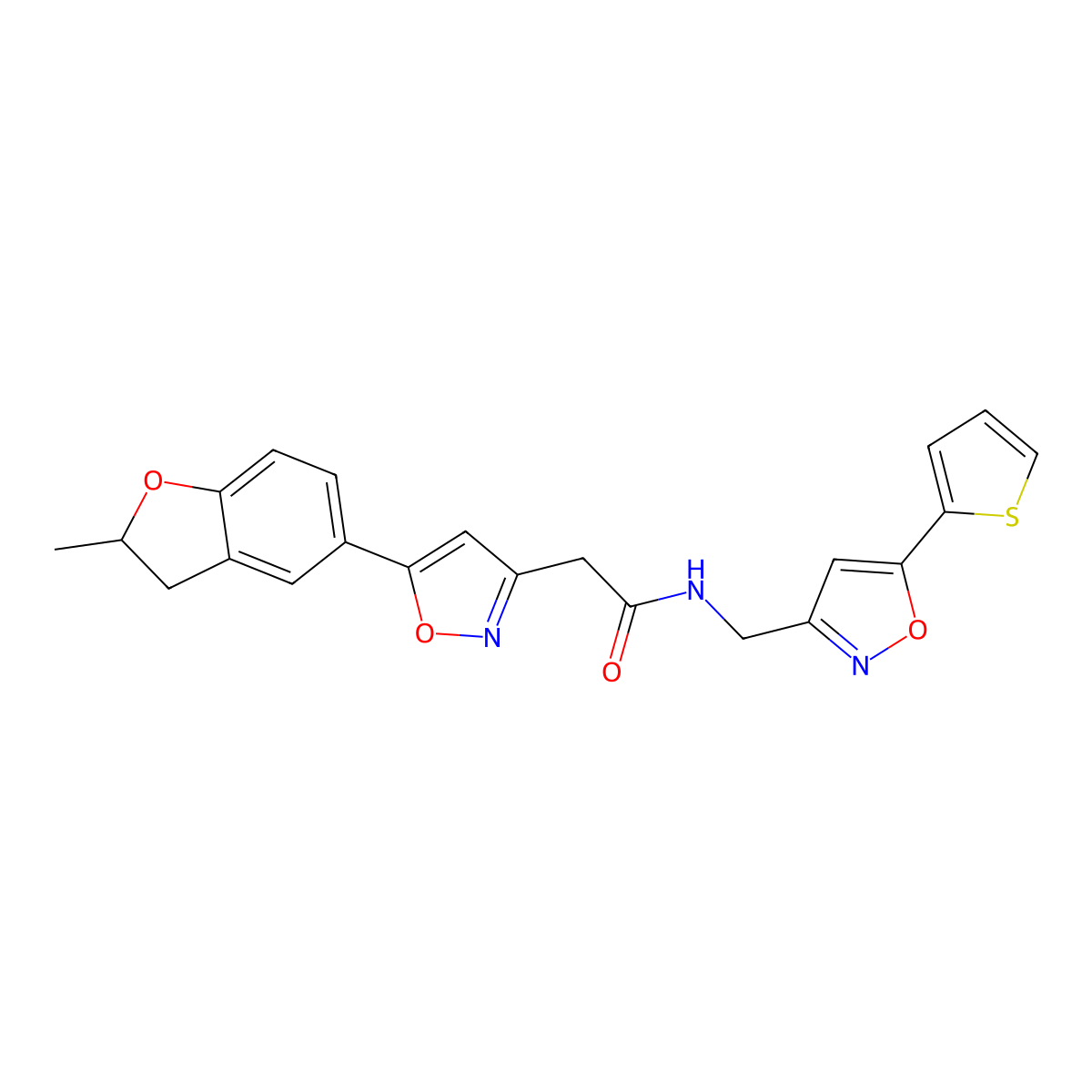 2-(5-(2-methyl-2,3-dihydrobenzofuran-5-yl)isoxazol-3-yl)-N-((5-(thiophen-2-yl)isoxazol-3-yl)methyl)acetamide molecular structure, CAS 1172508-39-2