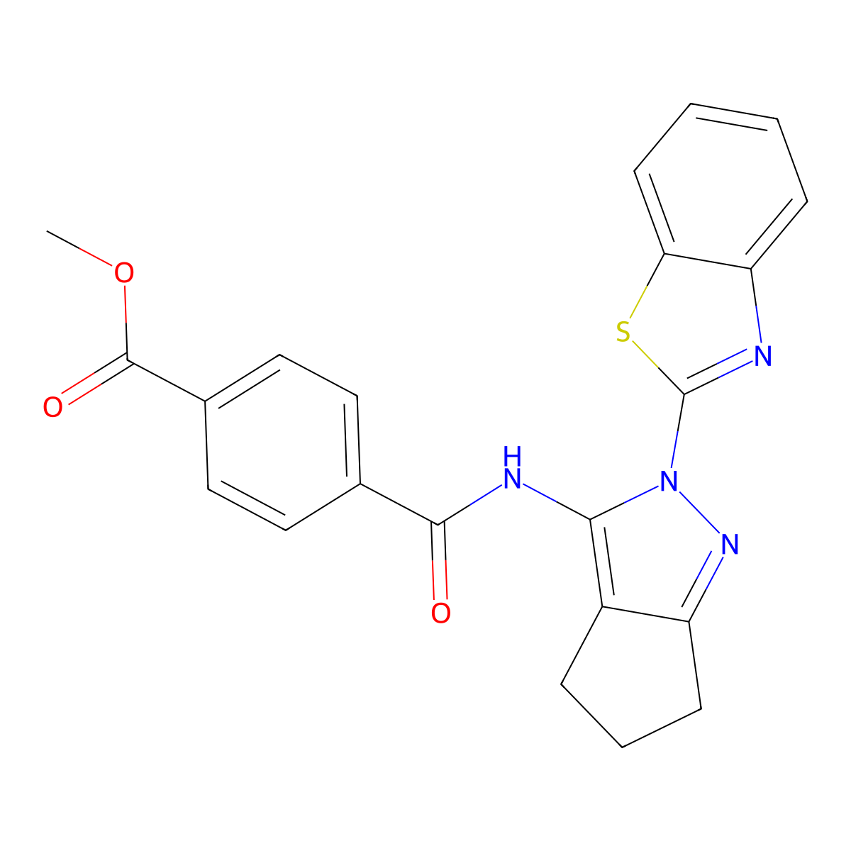 Methyl 4-((2-(benzo[d]thiazol-2-yl)-2,4,5,6-tetrahydrocyclopenta[c]pyrazol-3-yl)carbamoyl)benzoate molecular structure, CAS 1172508-72-3