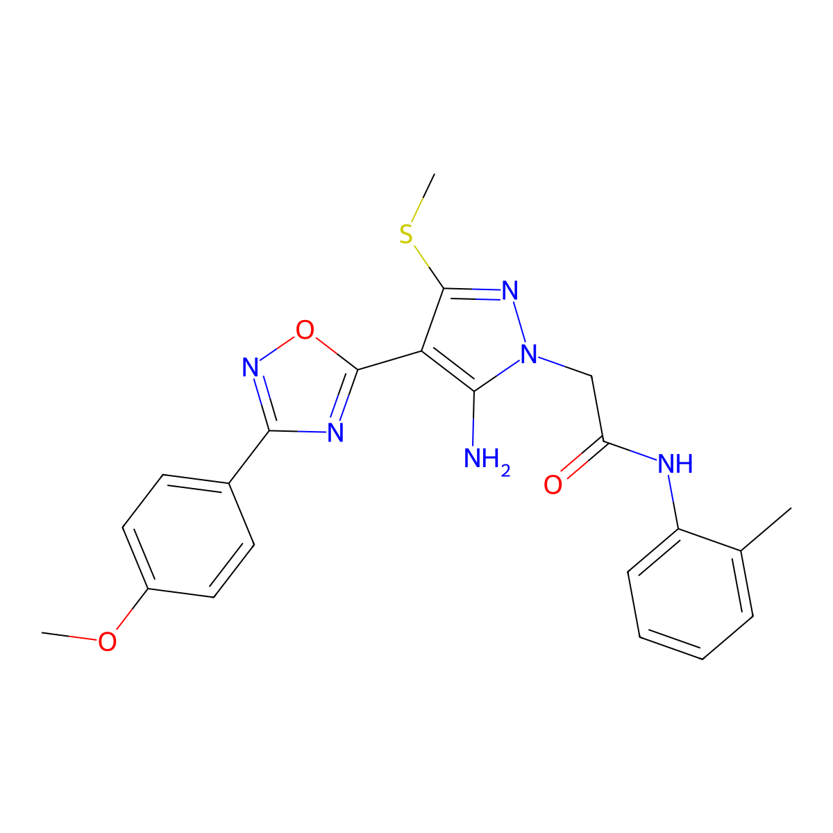 2-{5-amino-4-[3-(4-methoxyphenyl)-1,2,4-oxadiazol-5-yl]-3-(methylsulfanyl)-1H-pyrazol-1-yl}-N-(2-methylphenyl)acetamide molecular structure, CAS 1172509-78-2