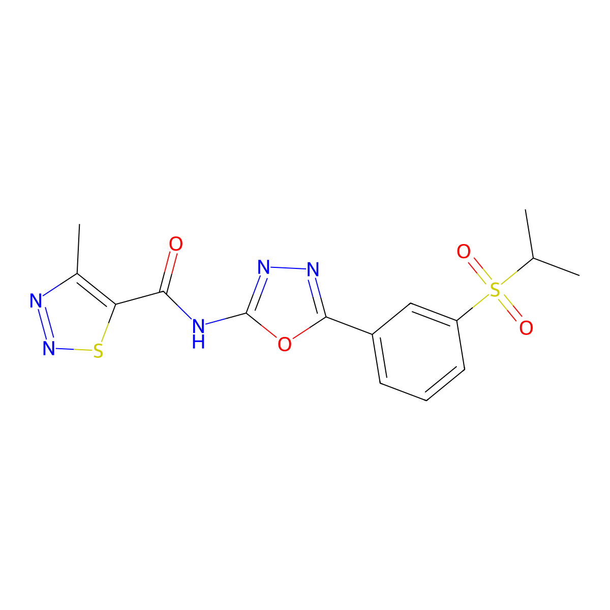 N-(5-(3-(isopropylsulfonyl)phenyl)-1,3,4-oxadiazol-2-yl)-4-methyl-1,2,3-thiadiazole-5-carboxamide molecular structure, CAS 1172512-31-0