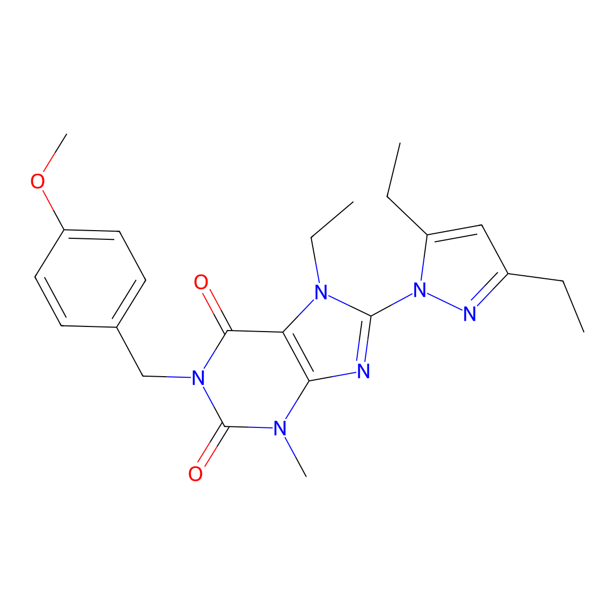 8-(3,5-diethyl-1H-pyrazol-1-yl)-7-ethyl-1-(4-methoxybenzyl)-3-methyl-1H-purine-2,6(3H,7H)-dione molecular structure, CAS 1172512-96-7