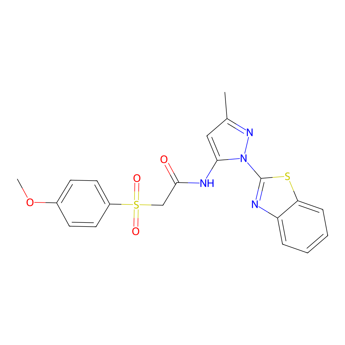 N-(1-(benzo[d]thiazol-2-yl)-3-methyl-1H-pyrazol-5-yl)-2-((4-methoxyphenyl)sulfonyl)acetamide molecular structure, CAS 1172514-84-9